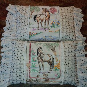 Pr Horse Embroid'd Eyelet Ruffled Home Made Pillow